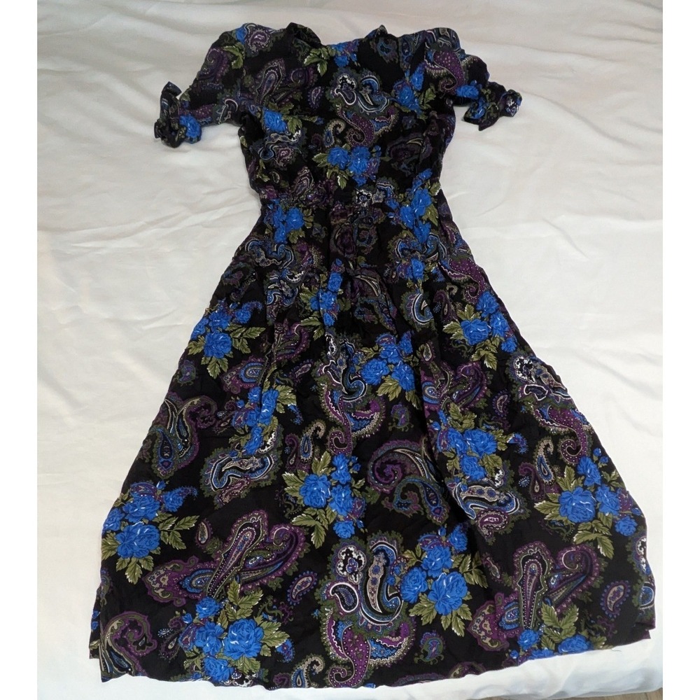 Jeffrey & Dara Vintage Dress Women 7/8 Black Blue Paisley Floral Rayon Midi USA